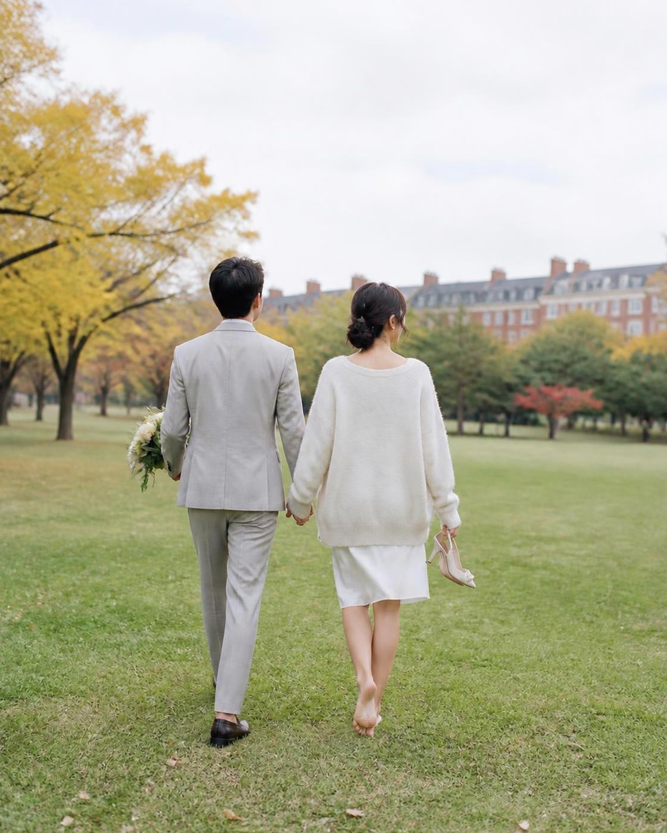 예식 날 오후, 공원 잔디밭.